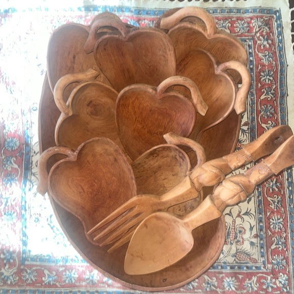 Vintage Hand Carved Wooden Fruit Bowl Set Pear 8 Small bowls Fork Spoon 11 Pcs - Picture 2 of 11